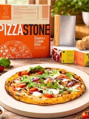 OUII 14" Cordierite Pizza Stone Set, 5/8" Thick, Scraper & Cleaning Brush, Round